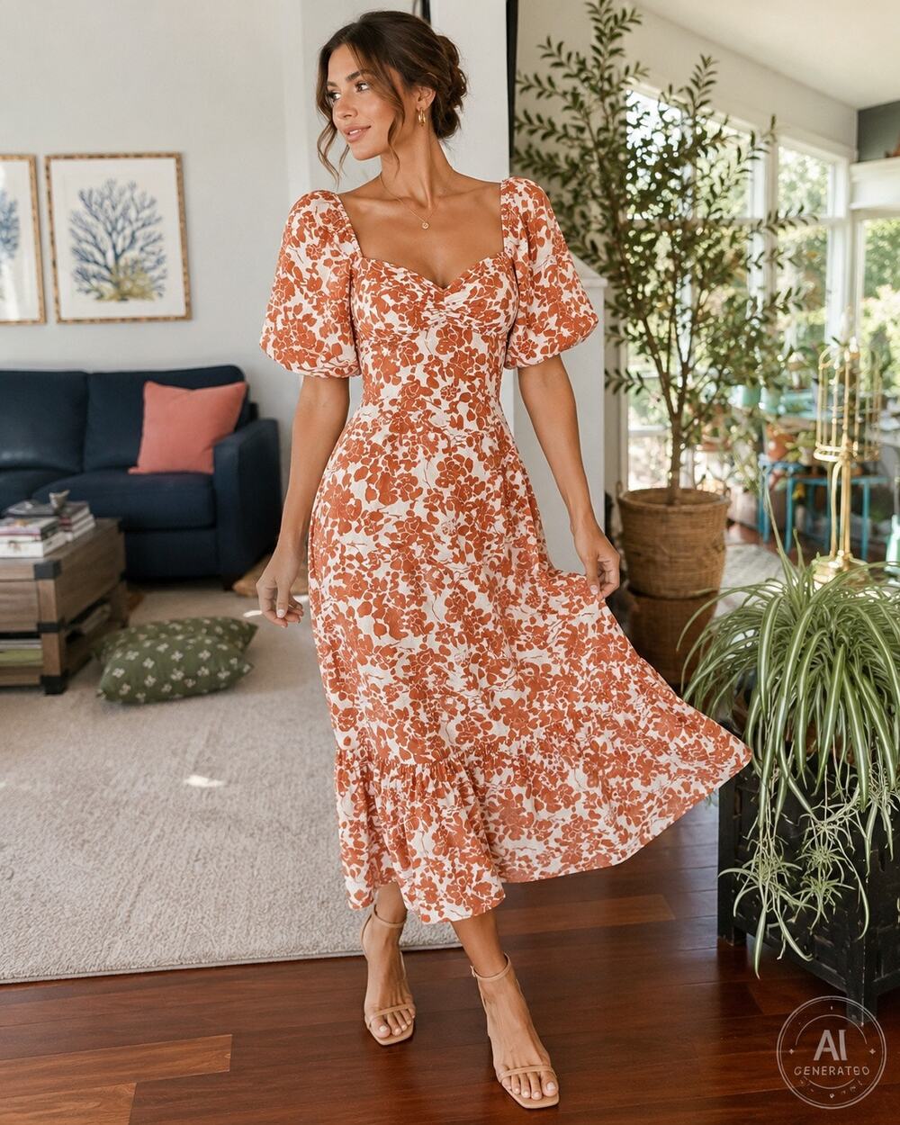 Free the Roses Floral Midi Dress L Puff Sleeve Open Back Cottagecore Boho
